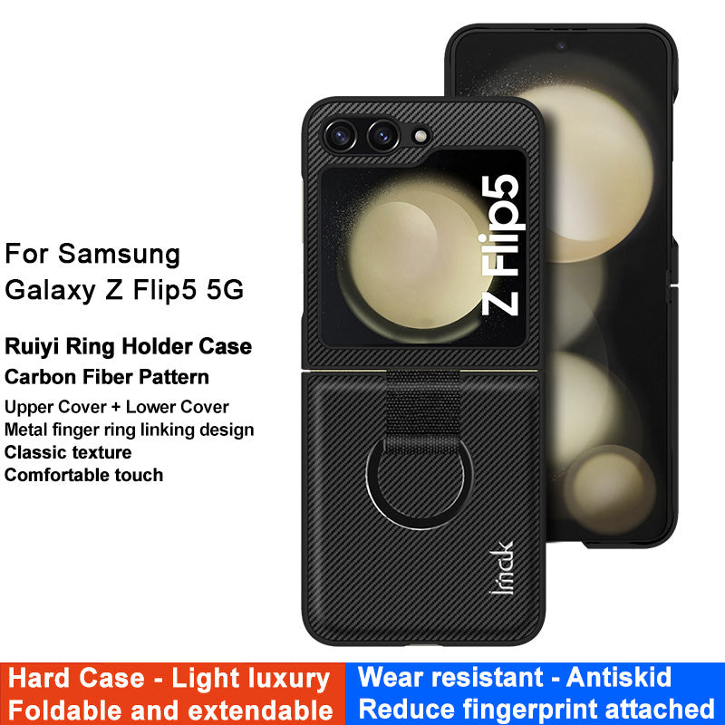 IMAK Ruiyi Series for Samsung Galaxy Z Flip5 5G PU+PC Phone Case Carbon Fiber Texture Finger Ring Phone Cover IMAK Ruiyi Series for Samsung Galaxy Z Flip5 5G PU+PC Phone Case Carbon Fiber Texture Finger Ring Phone Cover